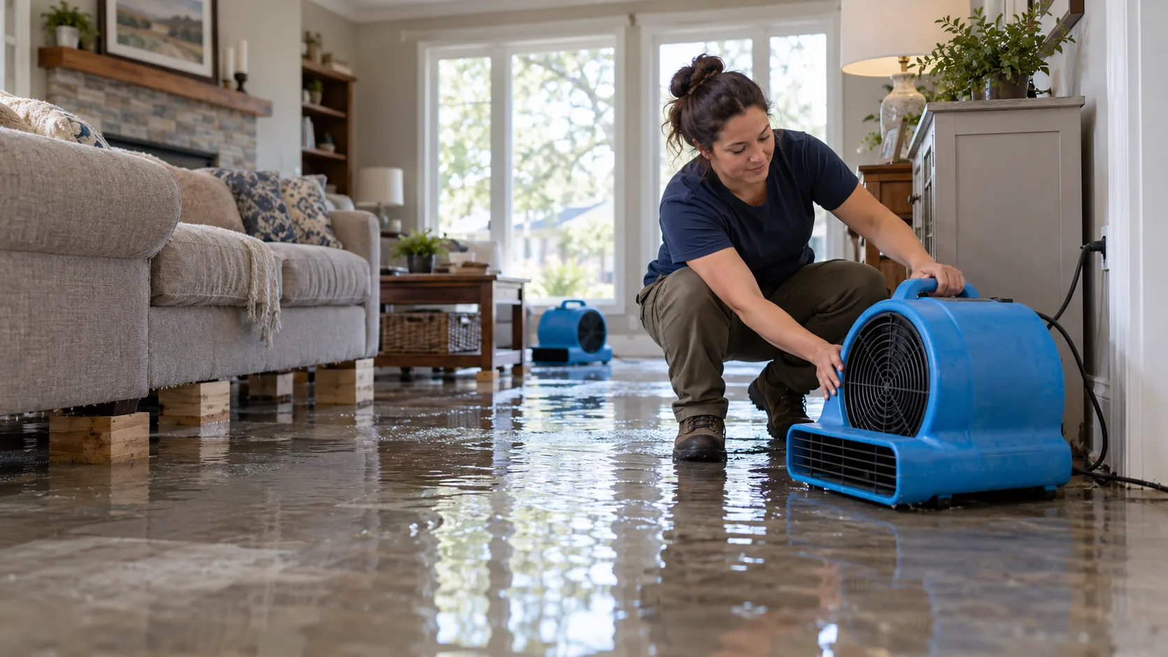Water damage restoration technician drying a flooded living room in Jacksonville